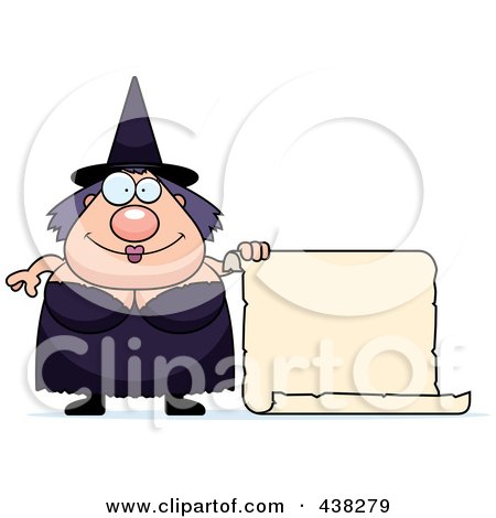 Royalty-Free (RF) Clipart Illustration of a Plump Witch With A Blank Scroll Sign by Cory Thoman
