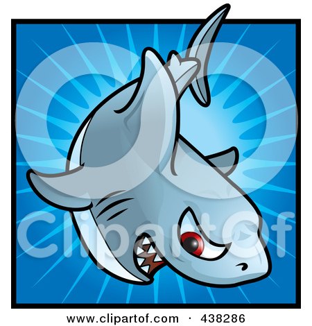 Royalty-Free (RF) Clipart Illustration of a Tough Shark Over A Blue Burst by Cory Thoman