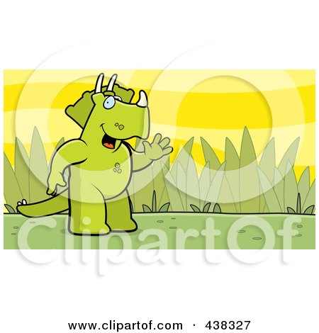 Royalty-Free (RF) Clipart Illustration of a Friendly Triceratops Standing Upright And Waving by Cory Thoman