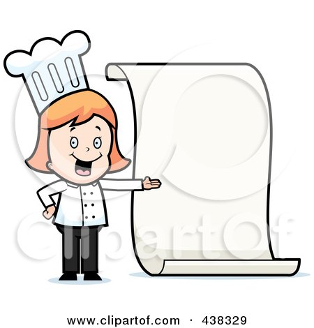 Royalty-Free (RF) Clipart Illustration of a Chef Girl Presenting A Blank Menu by Cory Thoman