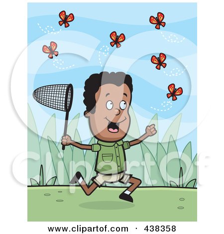 Royalty-Free (RF) Clipart Illustration of a Black Boy Chasing Butterflies With A Net by Cory Thoman