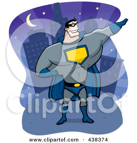 Royalty-Free (RF) Clipart Illustration of a Super Hero Posing Near A City by Cory Thoman