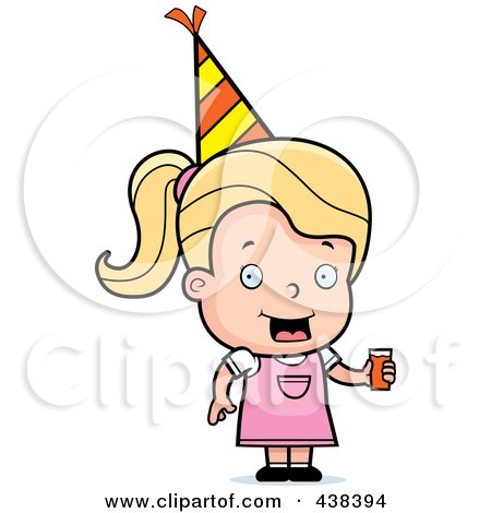 Royalty-Free (RF) Clipart Illustration of a Blond Toddler Girl Wearing A Party Hat And Holding Juice by Cory Thoman