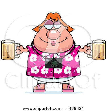 Royalty-Free (RF) Clipart Illustration of a Plump Female Tourist Holding Beer by Cory Thoman
