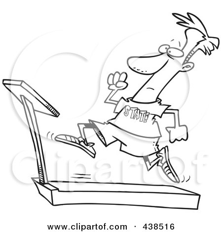 Royalty-Free (RF) Clip Art Illustration of a Cartoon Black And White Outline Design Of A Man Sprinting On A Treadmill by toonaday