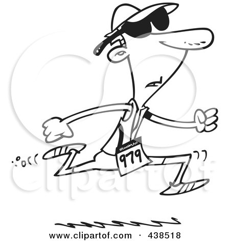 Royalty-Free (RF) Clip Art Illustration of a Cartoon Black And White Outline Design Of A Man Running In A Triathlon by toonaday