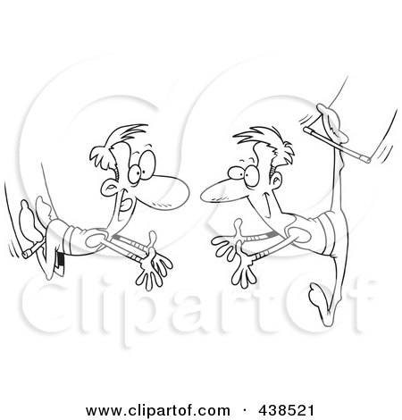 Royalty-Free (RF) Clip Art Illustration of a Cartoon Black And White Outline Design Of Trapeze Artists Performing by toonaday