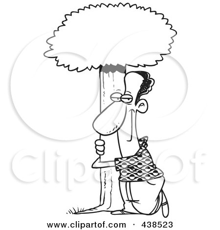 Royalty-Free (RF) Clip Art Illustration of a Cartoon Black And White Outline Design Of A Black Man Hugging A Tree by toonaday
