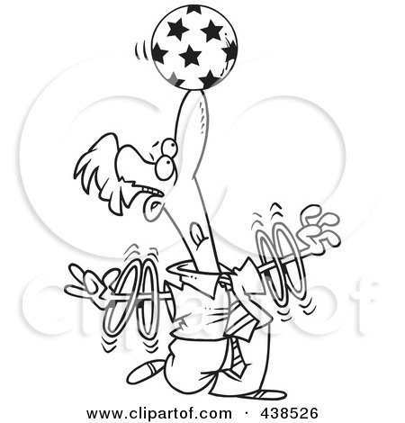 Royalty-Free (RF) Clip Art Illustration of a Cartoon Black And White Outline Design Of A Trained Businessman Spinning Rings On His Arms And Balancing A Ball On His Nose by toonaday