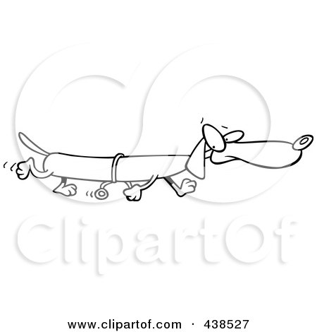 Royalty-Free (RF) Clip Art Illustration of a Cartoon Black And White Outline Design Of A Long Wiener Dog Using Training Wheels by toonaday
