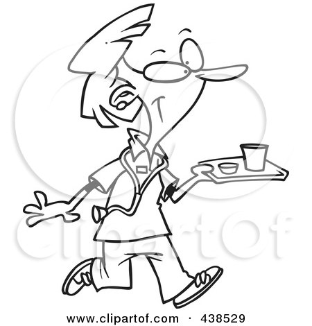 Royalty-Free (RF) Clip Art Illustration of a Cartoon Black And White Outline Design Of A Nurse Carrying A Tray Of Cafeteria Food by toonaday