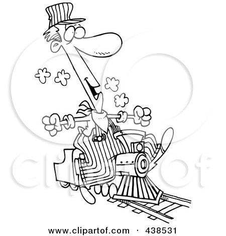 Royalty-Free (RF) Clip Art Illustration of a Cartoon Black And White Outline Design Of A Train Engineer Riding A Small Locomotive by toonaday