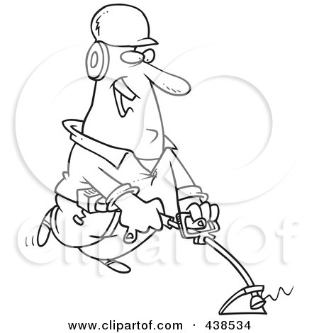 Royalty-Free (RF) Clip Art Illustration of a Cartoon Black And White Outline Design Of A Happy Landscaper Using A Weed Wacker by toonaday