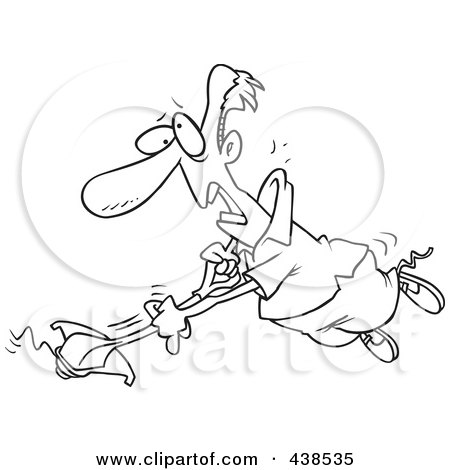 Royalty-Free (RF) Clip Art Illustration of a Cartoon Black And White Outline Design Of A Man Losing Control Of A Weed Wacker by toonaday
