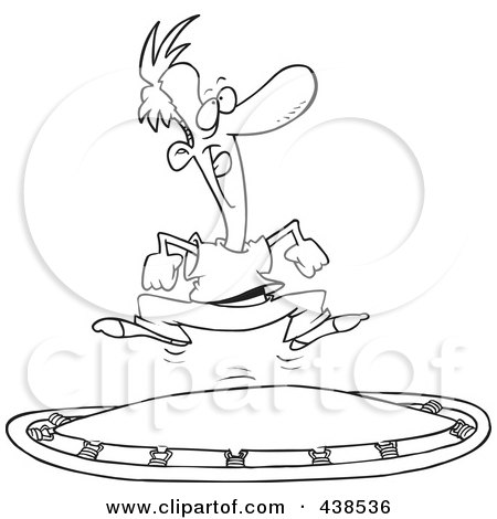 Royalty-Free (RF) Clip Art Illustration of a Cartoon Black And White Outline Design Of A Man Jumping On A Trampoline by toonaday