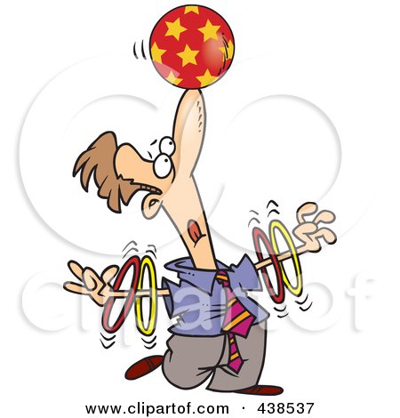 Royalty-Free (RF) Clip Art Illustration of a Trained Cartoon Businessman Spinning Rings On His Arms And Balancing A Ball On His Nose by toonaday
