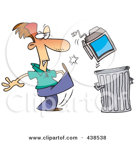 Royalty-Free (RF) Clip Art Illustration of a Cartoon Businessman Throwing Away A Broken Computer by toonaday