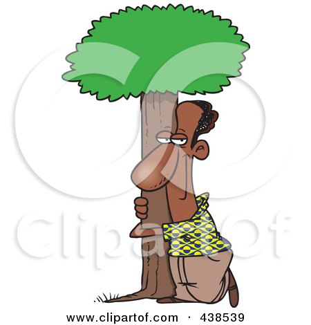 Royalty-Free (RF) Clip Art Illustration of a Cartoon Black Man Hugging A Tree by toonaday