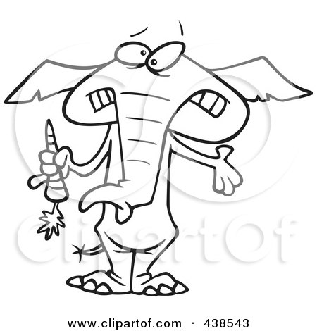 Royalty-Free (RF) Clip Art Illustration of a Cartoon Black And White Outline Design Of A Dieting Elephant Trimming Up By Eating Carrots by toonaday