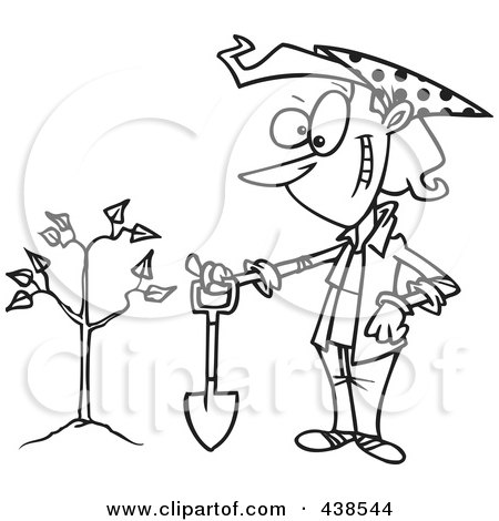 Royalty-Free (RF) Clip Art Illustration of a Cartoon Black And White Outline Design Of A Proud Woman With A Shovel By A Newly Planted Tree by toonaday