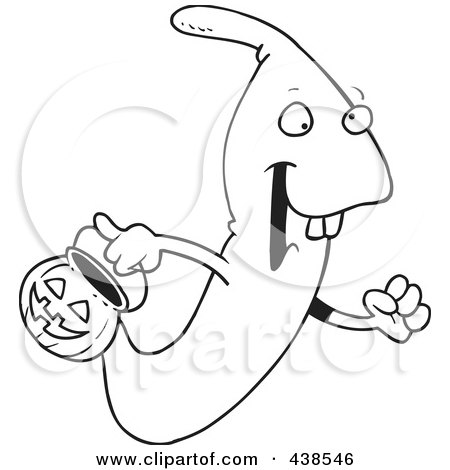 Royalty-Free (RF) Clip Art Illustration of a Cartoon Black And White Outline Design Of A Ghoul Out Trick Or Treating On Halloween by toonaday