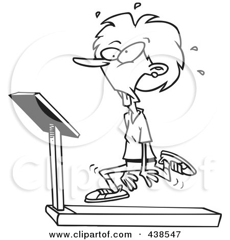 Royalty-Free (RF) Clip Art Illustration of a Cartoon Black And White Outline Design Of A Woman Jogging On A Treadmill by toonaday