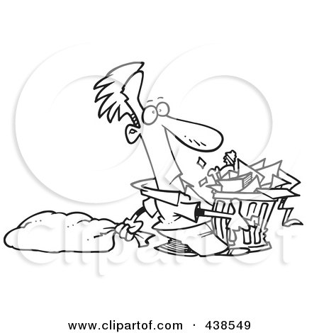 Royalty-Free (RF) Clip Art Illustration of a Cartoon Black And White Outline Design Of A Man Taking Out A Lot Of Trash by toonaday
