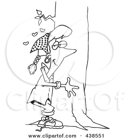 Royalty-Free (RF) Clip Art Illustration of a Cartoon Black And White Outline Design Of A Hippie Woman Hugging A Tree by toonaday