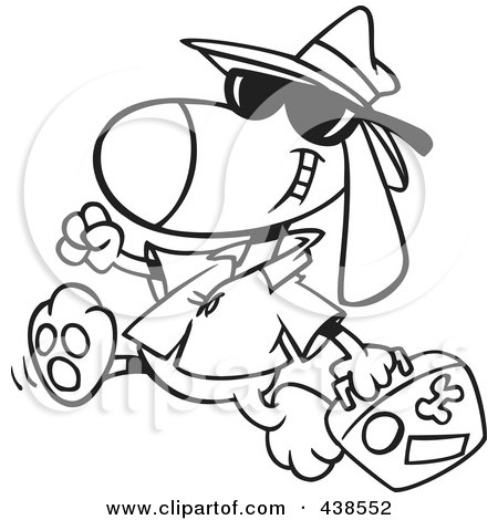 Royalty-Free (RF) Clip Art Illustration of a Cartoon Black And White Outline Design Of A Traveling Dog Carrying Luggage by toonaday