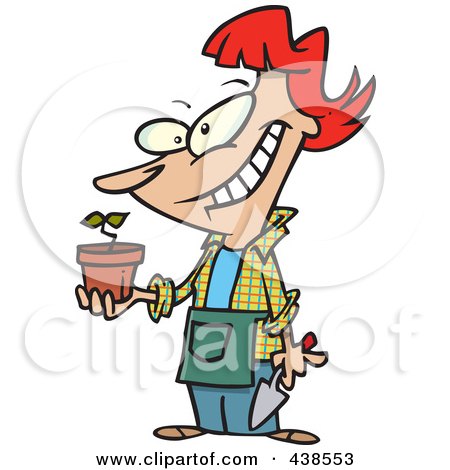 Royalty-Free (RF) Clip Art Illustration of a Pleased Cartoon Woman Showing Her Transplanted Plant by toonaday