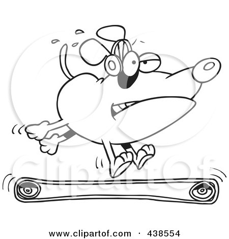 Royalty-Free (RF) Clip Art Illustration of a Cartoon Black And White Outline Design Of A Dog Running On A Treadmill by toonaday