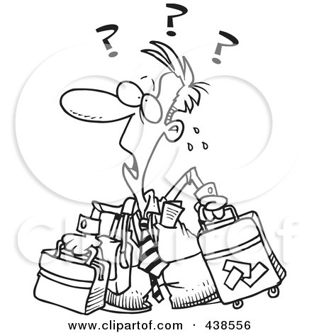 Royalty-Free (RF) Clip Art Illustration of a Cartoon Black And White Outline Design Of A Confused Businessman With Luggage by toonaday