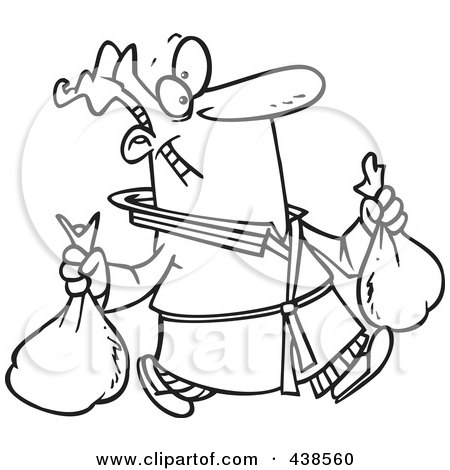 Royalty-Free (RF) Clip Art Illustration of a Cartoon Black And White Outline Design Of A Man Happily Taking Out Two Trash Bags by toonaday