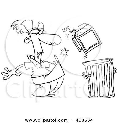 Royalty-Free (RF) Clip Art Illustration of a Cartoon Black And White Outline Design Of A Businessman Throwing Away A Broken Computer by toonaday