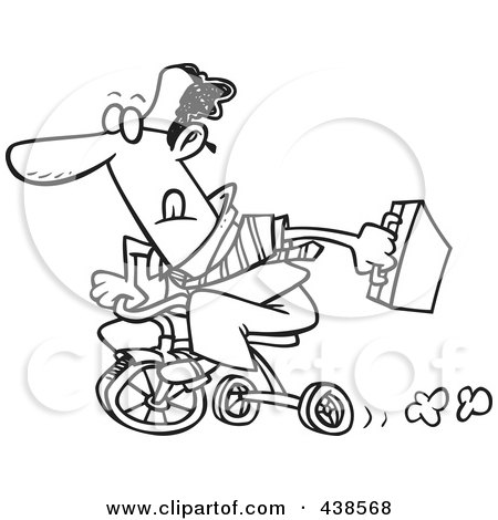 Royalty-Free (RF) Clip Art Illustration of a Cartoon Black And White Outline Design Of A Black Businessman Riding A Trike To Work by toonaday