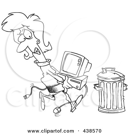 Royalty-Free (RF) Clip Art Illustration of a Cartoon Black And White Outline Design Of A Businesswoman Throwing Away A Broken Computer by toonaday