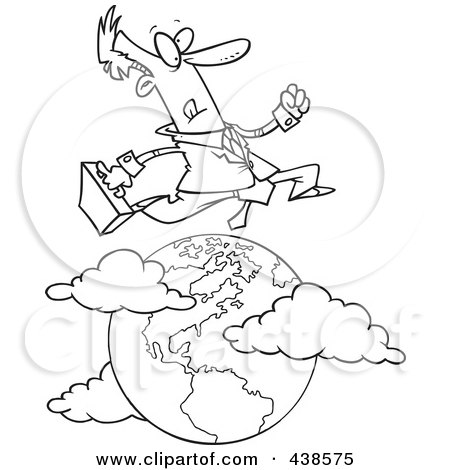 Royalty-Free (RF) Clip Art Illustration of a Cartoon Black And White Outline Design Of A Traveling Salesman Leaping Over The Globe by toonaday