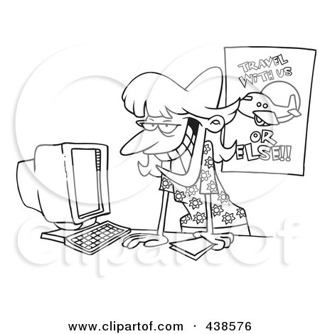 Royalty-Free (RF) Clip Art Illustration of a Cartoon Black And White Outline Design Of A Female Travel Agent Grinning And Leaning Over Her Desk by toonaday
