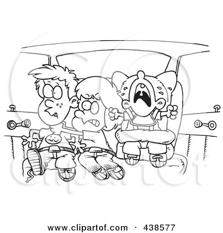 Royalty-Free (RF) Clip Art Illustration of a Cartoon Black And White Outline Design Of Siblings Fighting In A Car On A Road Trip by toonaday
