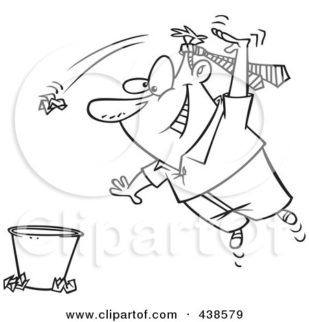 Royalty-Free (RF) Clip Art Illustration of a Cartoon Black And White Outline Design Of A Man Wearing A Tie On His Head And Tossing Trash by toonaday