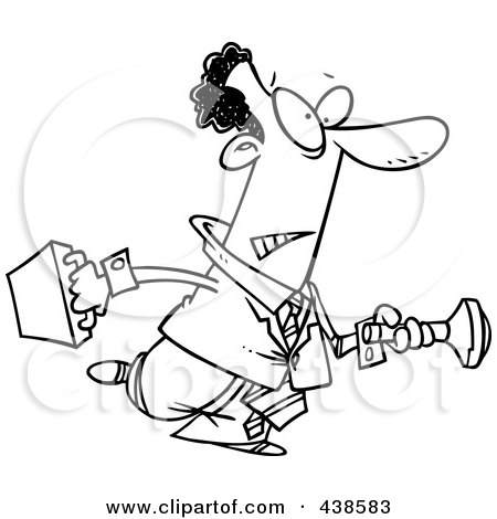 Royalty-Free (RF) Clip Art Illustration of a Cartoon Black And White Outline Design Of A Nervous Black Man Shining A Flashlight Ahead by toonaday