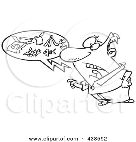 Royalty-Free (RF) Clip Art Illustration of a Cartoon Black And White Outline Design Of An Angry Man Talking Trash by toonaday