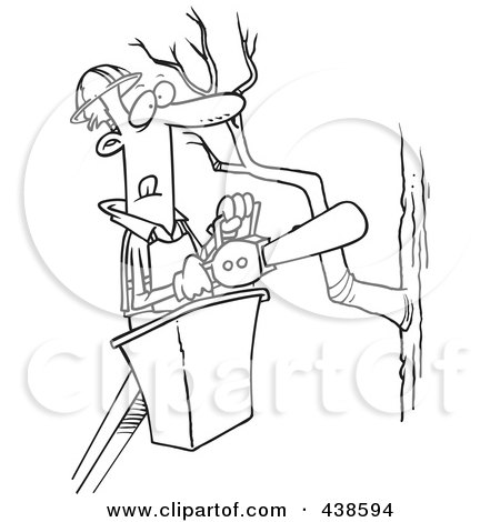 Royalty-Free (RF) Clip Art Illustration of a Cartoon Black And White Outline Design Of A Tree Trimmer Holding A Saw by toonaday