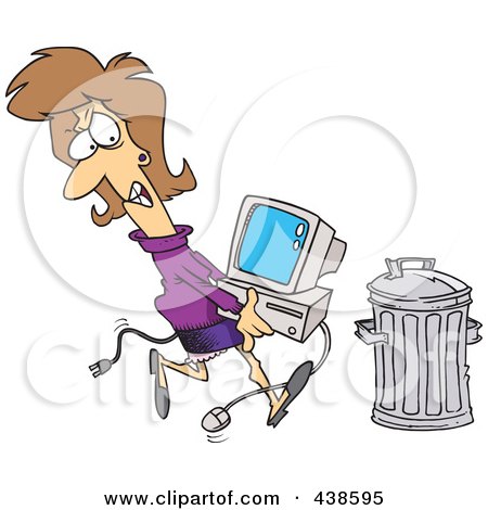 Royalty-Free (RF) Clip Art Illustration of a Cartoon Businesswoman Throwing Away A Broken Computer by toonaday