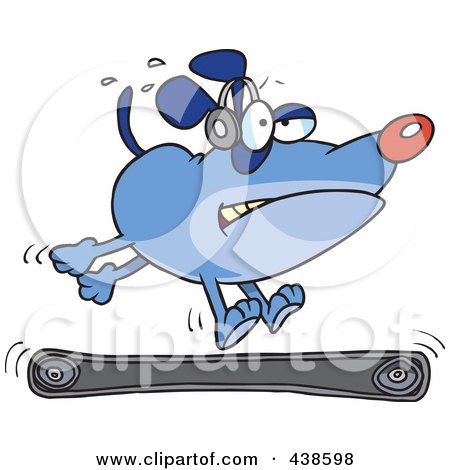 Royalty-Free (RF) Clip Art Illustration of a Blue Cartoon Dog Running On A Treadmill by toonaday
