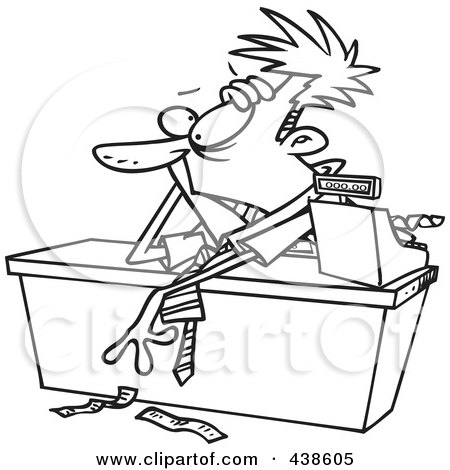 Royalty-Free (RF) Clip Art Illustration of a Cartoon Black And White Outline Design Of An Exhausted Businessman Leaning Over A Counter by toonaday