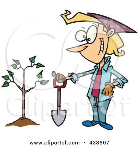 Royalty-Free (RF) Clip Art Illustration of a Proud Cartoon Woman With A Shovel By A Newly Planted Tree by toonaday