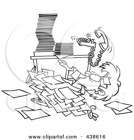 Royalty-Free (RF) Clip Art Illustration of a Cartoon Black And White Outline Design Of A Businesswoman Buried Under Paperwork by toonaday