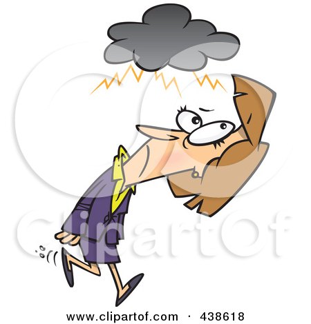 Royalty-Free (RF) Clip Art Illustration of a Cartoon Businesswoman Walking Under A Stormy Cloud by toonaday