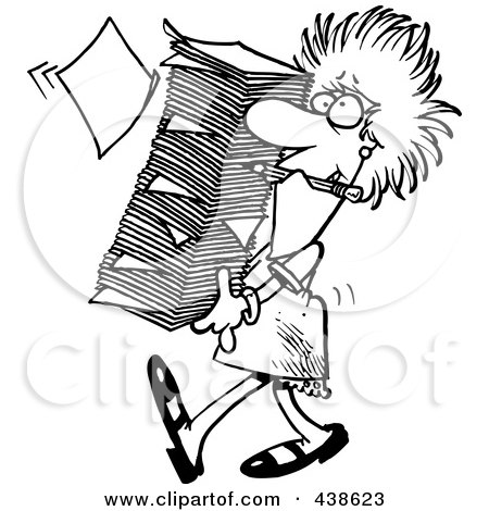 Royalty-Free (RF) Clip Art Illustration of a Cartoon Black And White Outline Design Of A Businesswoman Carrying A Huge Stack Of Paperwork by toonaday